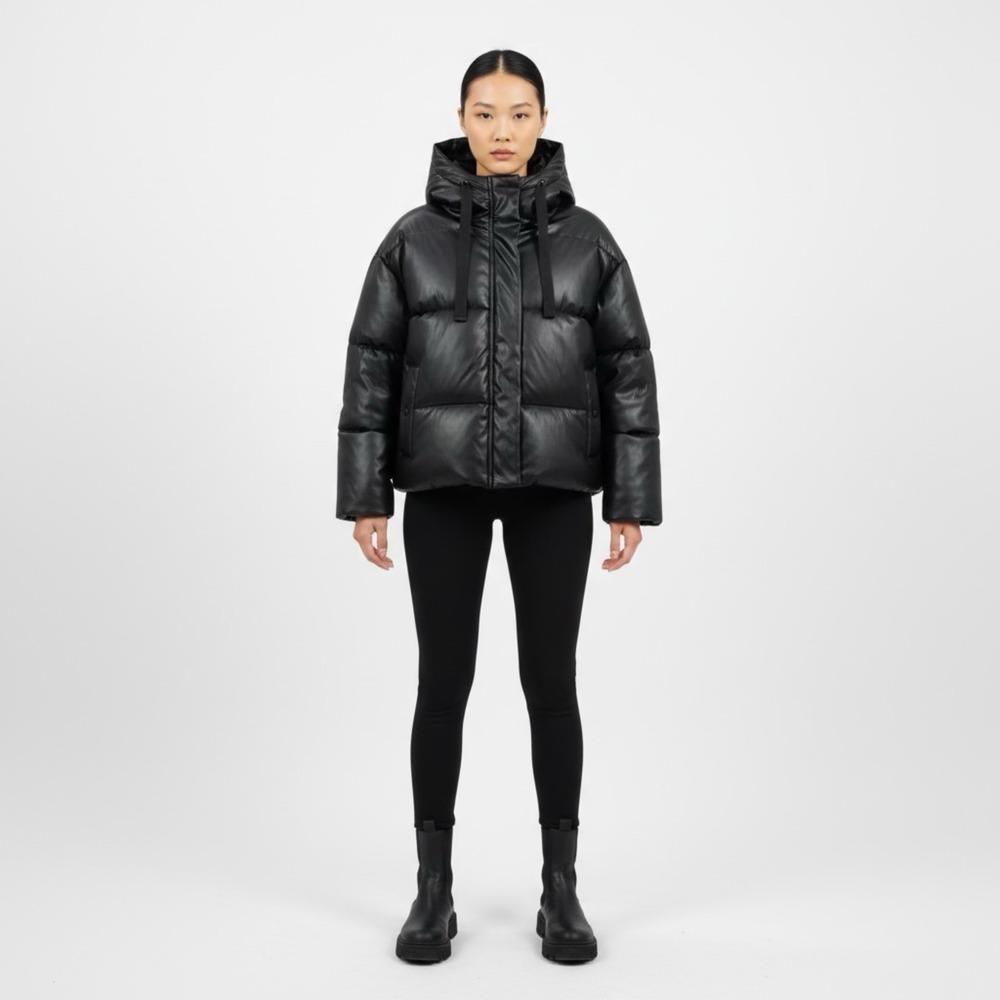 Luxury Puffer Jacket Black Faux Leather Hooded Chunky Quilted Coat XL Zip Up